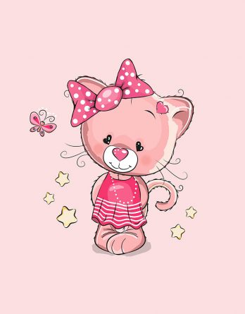 1 Sommersweat / French Terry Panel (40x50cm) Katze Kätzchen auf rosa Kleid Masche Schmetterling Sterne Einzelmotiv Ökotex