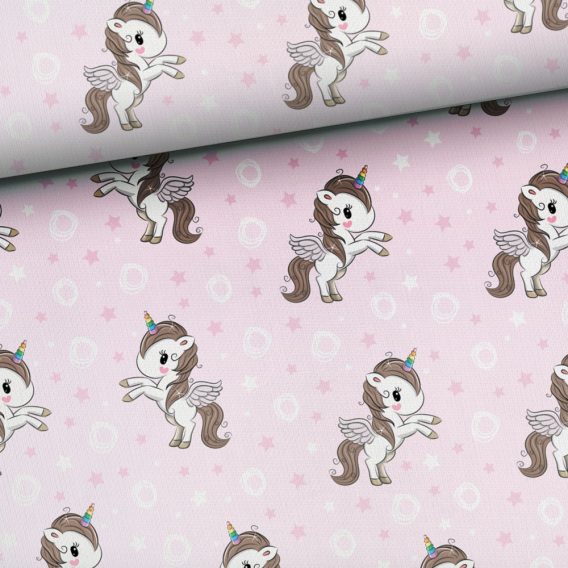 0,5m French Terry Sweat Stoff mit süßem Einhorn mit Flügel, Herzen, Sterne und Kringel auf rosa – Mädchen Sommersweat Kinderstoff mit Tiere – Digital – Ökotex