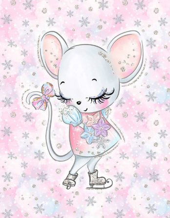 1 Sommersweat / French Terry Panel (40x50cm) – Happy Snow auf rosa – zuckersüße Maus auf Schlittschuhe – 165cm breit – lila blau rosa – Digital – Einzelmotiv – Ökotex