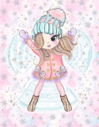 1 Sommersweat / French Terry Panel (40x50cm) – Happy Snow auf rosa – zuckersüßes Mädchen als Engel – 165cm breit – mint lila rosa – Digital – Einzelmotiv – Ökotex
