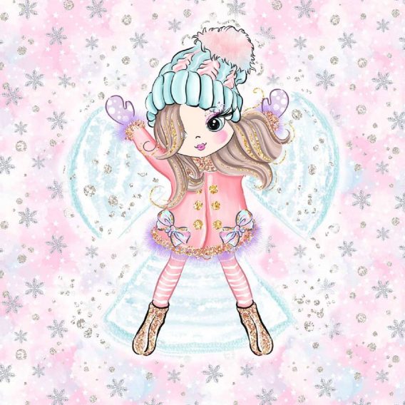1 French Terry Sweat Stoff Panel mit süßem Mädchen als Engel auf rosa weiß blau – 40x50cm – Sommersweat Kinderstoff – Digital – Ökotex – Happy Snow