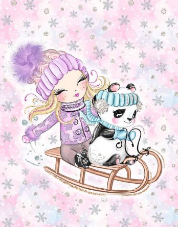1 Sommersweat / French Terry Panel (40x50cm) – Happy Snow auf rosa – zuckersüßes Mädchen mit Pandabär auf Schlitten – 165cm breit – lila mint rosa – Digital – Einzelmotiv – Ökotex