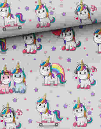 ft rainbow unicorn grey 348x445 - 1 French Terry Sweat Stoff Panel mit sitzendem Mädchen Einhorn und Sterne auf grau - 40x50cm - Sommersweat Kinderstoff - Digital - Ökotex