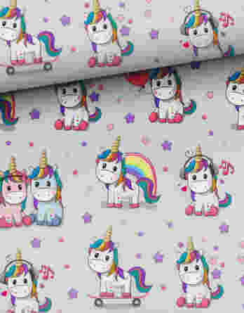 ft rainbow unicorn grey 348x445 - 0,5m French Terry Sweat Stoff mit süßem Einhorn mit Flügel, Herzen, Sterne und Kringel auf rosa - Mädchen Sommersweat Kinderstoff mit Tiere - Digital - Ökotex