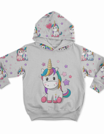 0,5m French Terry Sweat Stoff mit süße Einhörner mit Herzen, Sterne, Regenbogen, Luftballons, Noten, usw. auf grau – Mädchen Sommersweat Kinderstoff mit Tiere – Digital – Ökotex