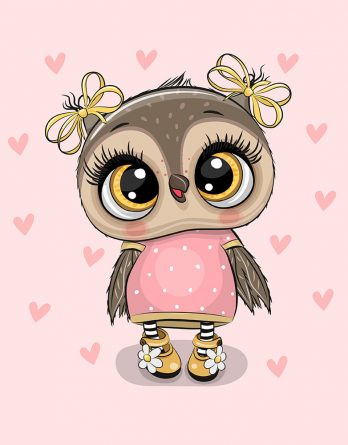1 French Terry Sweat Stoff Panel mit süßer Eule mit Kleid, gelbem Mascherl und Herzen auf rosa – 40x50cm – Mädchen Sommersweat Kinderstoff – Digital – Ökotex