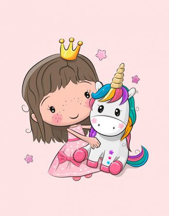 1 Sommersweat / French Terry Panel (40x50cm) – süße Prinzessin mit Einhorn und Sterne – Mädchen auf rosa – rosa lila pink gelb türkis mint – Einzelmotiv – Ökotex