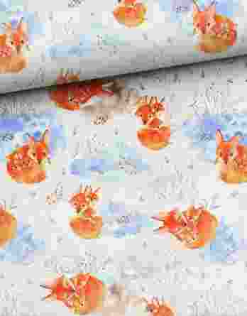 0,5m Sommersweat – French Terry – Kombistoff Fuchsfamilie | Mama und Baby Fuchs auf weiß – ca. 165cm breit – beige braun orange blau – Digital – Ökotex