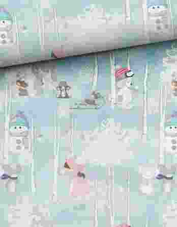 0,5m French Terry Sweat Stoff mit Tiere im Wald – mit Schneemann, Maus, Hund und Mädchen im Winter auf pastell blau – mit rosa, blau, mint, grau – Sommersweat Kinderstoff für Mädchen – Digital – Ökotex – Winterliebe