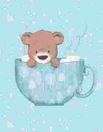 1 French Terry Sweat Stoff Panel mit süßem Bär in Tasse vor Schneeflocken auf mint blau – 40x50cm – Mädchen und Jungen Sommersweat Kinderstoff – Digital – Ökotex – Winter Bärenliebe
