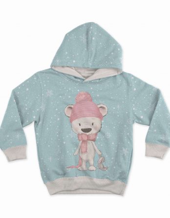 1 French Terry Sweat Stoff Panel mit süßem Bär mit Mütze und Schal in koralle und kleinem Hasen vor Schneeflocken auf mint blau – 40x50cm – Mädchen und Jungen Sommersweat Kinderstoff – Digital – Ökotex – Winter Bärenliebe