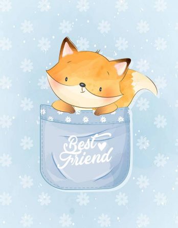 1 French Terry Sweat Stoff Panel mit süßem Fuchs in Tasse auf blau – 40x50cm – Mädchen und Jungen Sommersweat Kinderstoff – Digital – Ökotex