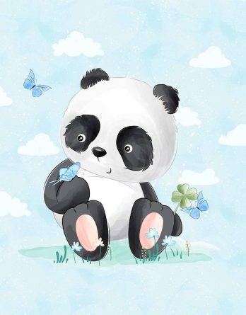 1 French Terry Sweat Stoff Panel mit Pandabär, Schmetterlinge und Kleeblatt auf blau – 40x50cm – Mädchen und Jungen Sommersweat Kinderstoff – Digital – Ökotex