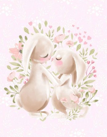 1 French Terry Sweat Stoff Panel mit süßen Hasen – Mama und Baby mit Blumen auf rosa – 40x50cm – Mädchen Sommersweat Kinderstoff – Digital – Ökotex – Frühlingsliebe