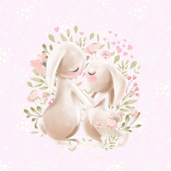 1 French Terry Sweat Stoff Panel mit süßen Hasen – Mama und Baby mit Blumen auf rosa – 40x50cm – Mädchen Sommersweat Kinderstoff – Digital – Ökotex – Frühlingsliebe