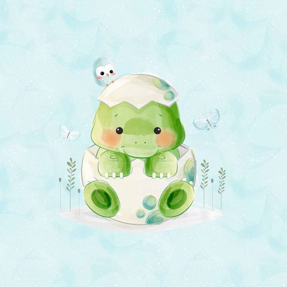 1 French Terry Sweat Stoff Panel mit Dino Baby mit Schmetterlinge und Vogel auf blau – 40x50cm – Dinosaurier Sommersweat – Mädchen und Jungen Kinderstoff – Digital – Ökotex