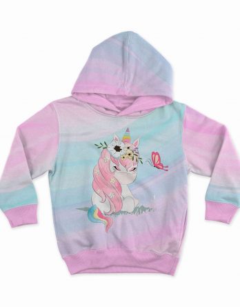 1 French Terry Sweat Stoff Panel mit Einhorn und Schmetterling auf Regenbogen in Wellen – mit rosa, pink, mint, blau, gelb, türkis – 40x50cm – Mädchen Sommersweat Kinderstoff – Digital – Ökotex