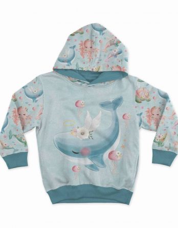 1 French Terry Sweat Stoff Panel mit Walfisch, Blumen, Seesterne und Kugelfische auf mint / hellblau  – 40x50cm – Mädchen Sommersweat Kinderstoff – Digital – Ökotex – Meeresfreunde