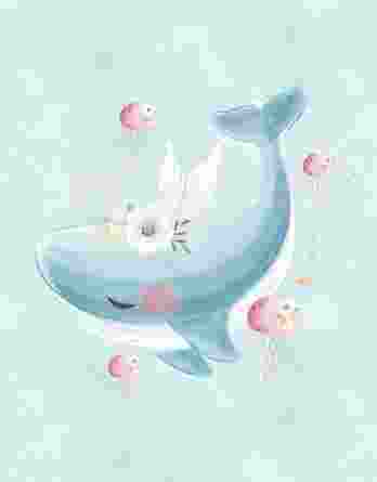 1 Ganzjahressweat / French Terry Meeresfreunde Panel (40x50cm) – süßer Walfisch mit Blumen, Flügel, Seesterne und Kugelfische auf mint / hellblau – blau rosa mint – Digital – Ökotex