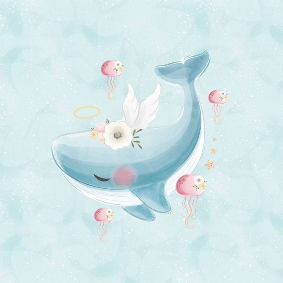 1 French Terry Sweat Stoff Panel mit Walfisch, Blumen, Seesterne und Kugelfische auf mint / hellblau  – 40x50cm – Mädchen Sommersweat Kinderstoff – Digital – Ökotex – Meeresfreunde