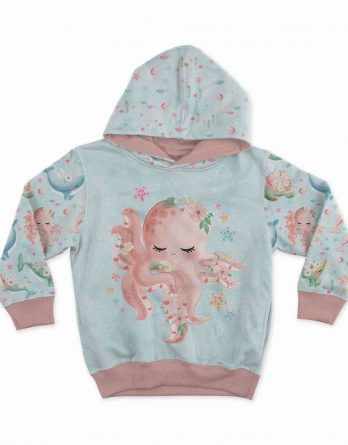 1 French Terry Sweat Stoff Panel mit Oktopus, Blumen, Perle und Seesterne auf mint / hellblau – 40x50cm – Mädchen Sommersweat Kinderstoff – Digital – Ökotex – Meeresfreunde