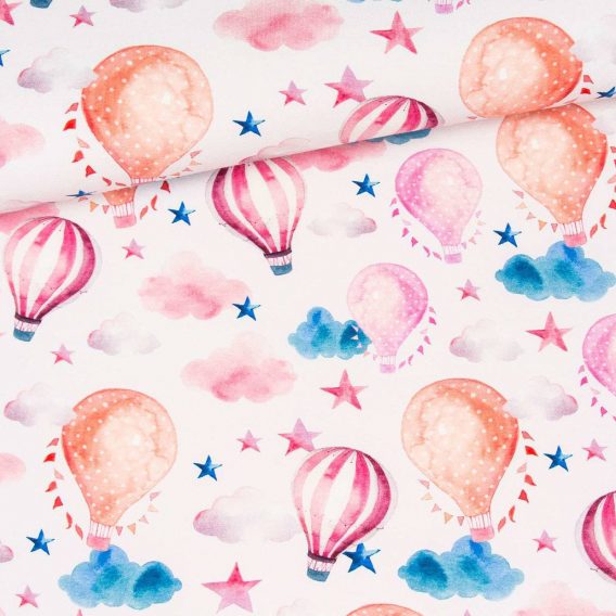 0,5m Premium Baumwollstoff mit Heißluftballons, Sterne, Wolken, Girlanden, usw. – orange, blau, rosa, pink – Mädchen Kinderstoff zum Nähen – Digital – Ökotex