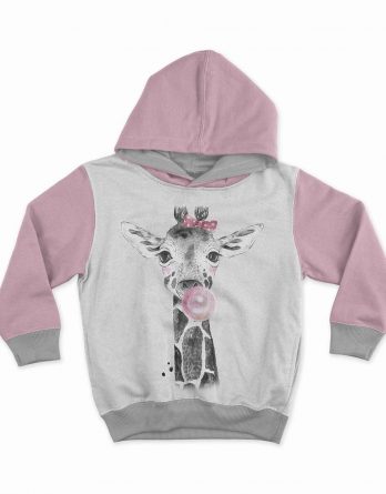 1 French Terry Sweat Stoff Panel mit süßer Giraffe mit Kaugummi und Masche auf hellgrau – 40x50cm – Mädchen Sommersweat Kinderstoff – Digital – Ökotex