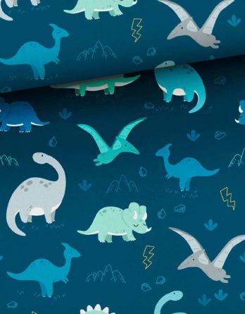 0,5m Premium Baumwollstoff mit süßen Dinos auf navy – Dinosaurier Stoff für Jungen – blau, grau, mint und gelb – Digital – Ökotex