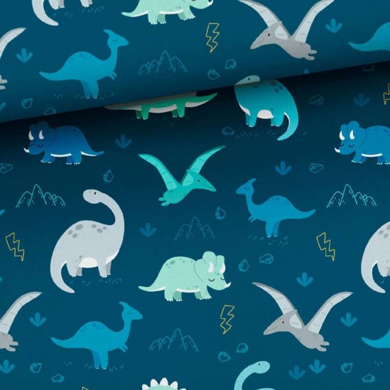 0,5m Premium Baumwollstoff mit süßen Dinos auf navy – Dinosaurier Stoff für Jungen – blau, grau, mint und gelb – Digital – Ökotex