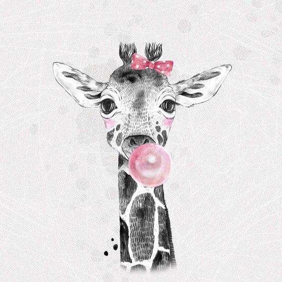 1 French Terry Sweat Stoff Panel mit süßer Giraffe mit Kaugummi und Masche auf hellgrau – 40x50cm – Mädchen Sommersweat Kinderstoff – Digital – Ökotex