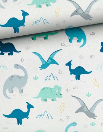 0,5m Premium Baumwollstoff mit süßen Dinos auf weiß – Dinosaurier Stoff für Jungen – blau, grau, mint und gelb – Digital – Ökotex