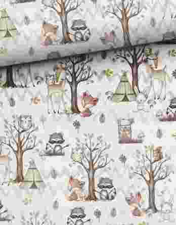 0,5m Premium Baumwollstoff mit Waldtiere – Reh, Waschbär, Eulen, Fuchs, Hase und Eichhörnchen – Jungen und Mädchen Kinderstoff mit Tiere im Wald – Digital – Ökotex – Waldfreunde