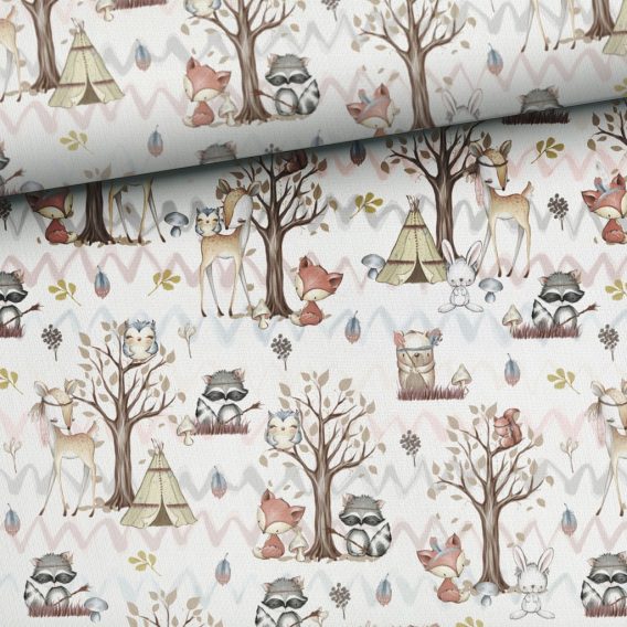 0,5m Premium Baumwollstoff mit Waldtiere – Reh, Waschbär, Eulen, Fuchs, Hase und Eichhörnchen – Jungen und Mädchen Kinderstoff mit Tiere im Wald – Digital – Ökotex – Waldfreunde