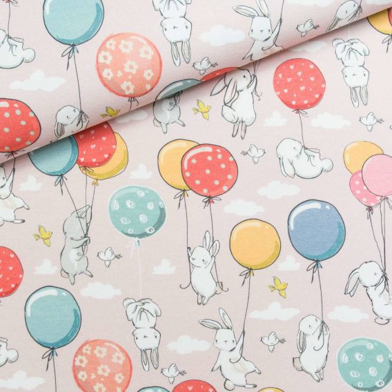 0,5m Premium Baumwollstoff mit Tiere – Häschen und Luftballons auf rosa – Digital – Mädchen Kinderstoff – Ökotex