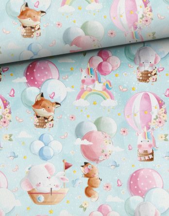 0,5m Premium Baumwollstoff mit niedliche Füchse, Einhörner und Elefanten auf blau / mint – mit Regenbogen, Luftballons, Heißluftballons, Schmetterlinge, Vögel, uvm.  – Digital – Ökotex