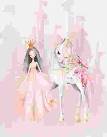 1 Sommersweat / French Terry Panel (40x50cm) – süße Prinzessin mit Einhorn auf puderrosa – Digital – Einzelmotiv – Ökotex
