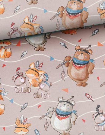 0,5m leichter Baumwolljersey mit Waldtiere – Boho Bären und Füchse als Indianer – Jungen Jersey Kinderstoff mit Tiere – Digital – Ökotex