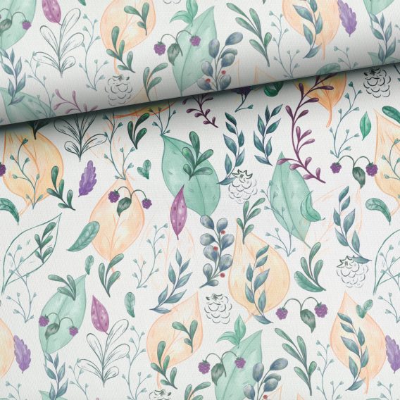 0,5m Sommersweat / French Terry mit bezaubernden Blätter und Blüten auf creme / weiß mit mint, lachs, braun und grau – Kombistoff der Serie Frühlingsliebe – ca. 165cm breit – Digital – Ökotex