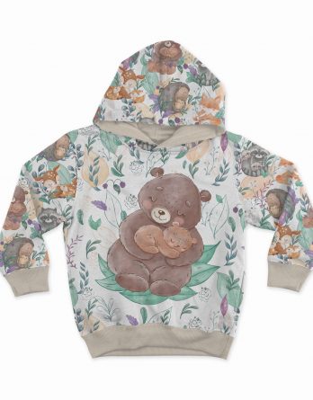 1 French Terry Sweat Stoff Panel mit Mama & Baby Bär, Blüten und Blätter auf creme / weiß – Mädchen und Jungen Kinderstoff mit Tiere – Digital – Ökotex – Frühlingsliebe