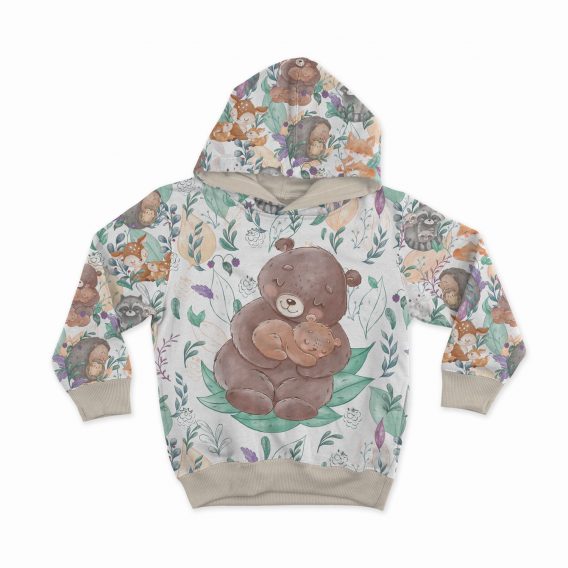 1 French Terry Sweat Stoff Panel mit Mama & Baby Bär, Blüten und Blätter auf creme / weiß – Mädchen und Jungen Kinderstoff mit Tiere – Digital – Ökotex – Frühlingsliebe