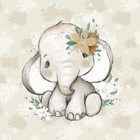 1 Sommersweat / French Terry Panel mit niedlichem Elefanten Mädchen mit Blumen – Steppenliebe – Digital – Ökotex