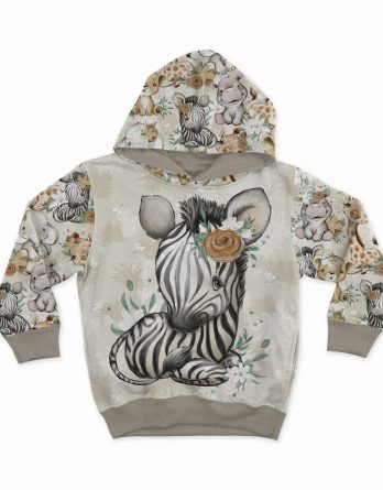 0,5m Sommersweat / French Terry mit Wildtiere – Löwe, Gepard, Nilpferd, Elefant, Giraffe und Zebra mit Blumen – Mädchen Tiere Kombistoff – Steppenliebe – Digital – Ökotex