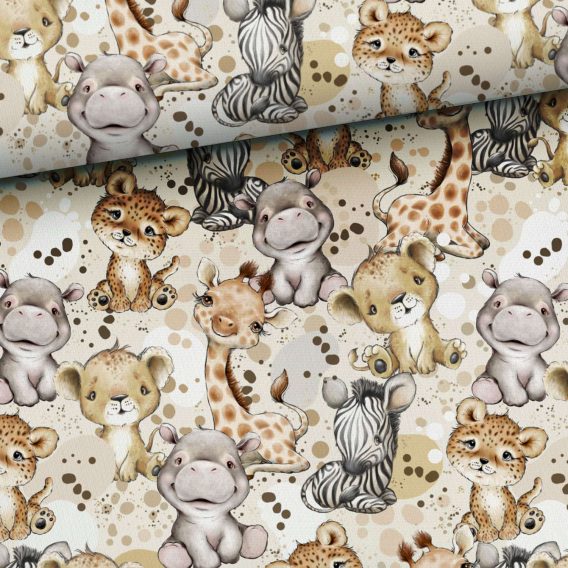 0,5m leichter Baumwolljersey mit Wildtiere – Löwe, Gepard, Zebra, Giraffe, Flusspferd – Steppenliebe für Jungen und Mädchen – Digital – Ökotex