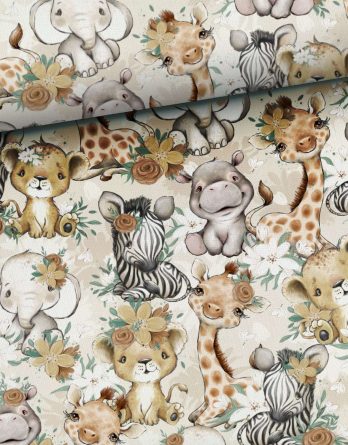 0,5m Sommersweat / French Terry mit Wildtiere – Löwe, Gepard, Nilpferd, Elefant, Giraffe und Zebra mit Blumen – Mädchen Tiere Kombistoff – Steppenliebe – Digital – Ökotex 0,5m Sommersweat / French Terry mit Wildtiere – Löwe, Gepard, Nilpferd, Elefant, Giraffe und Zebra mit Blumen – Mädchen Tiere Kombistoff – Steppenliebe – Digital – Ökotex
