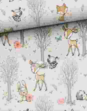 forest adventures beige 348x445 - 0,5m French Terry Sweat Stoff mit Waldtiere - süße Indianer Füchse im Wald - Jungen und Mädchen Sommersweat Kinderstoff mit Tiere - Digital - Ökotex - Waldfreunde