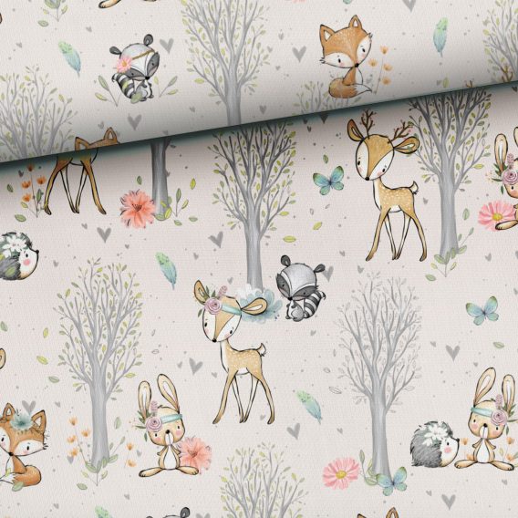 0,5m French Terry Sweat Stoff mit süße Tiere auf beige – Rehe, Füchse, Hasen, Igel, Eichhörnchen, Waschbären – Mädchen Kinderstoff mit Waldtiere – Digital – Ökotex – Waldfreunde Girls