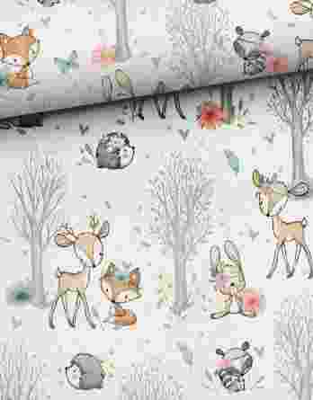 forest adventures white 348x445 - 1 French Terry Sweat Stoff Panel mit Waldtiere - Eule als Indianer - small, 32x40cm - Tiere Sommersweat Kinderstoff für Mädchen und Jungen - Digital - Ökotex - Waldfreunde