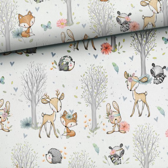 0,5m Musselin Stoff / samtweiche Bambusviskose mit Waldtiere und Blumen – Reh, Fuchs, Igel, Hase, Waschbär – Damen und Mädchen Kinderstoff mit Tiere im Wald – Digital – Ökotex – Waldfreunde Girls