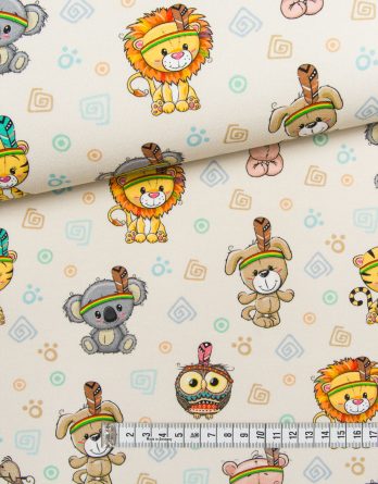 0,5m Premium Baumwollstoff mit Wildtiere als Indianer – Löwe Tiger Eule Koalabär Hund – Jungen Kinderstoff mit Tiere – Digital – Ökotex