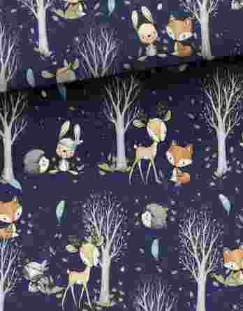 forest adventures unisex navy blue 348x445 - 0,5m French Terry Sweat Stoff mit süße Tiere auf beige - Rehe, Füchse, Hasen, Igel, Eichhörnchen, Waschbären - Mädchen Kinderstoff mit Waldtiere - Digital - Ökotex - Waldfreunde Girls